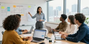 Teamdiskussion über schwierige Führungskräfte in modernem Büro mit Führungskraft.